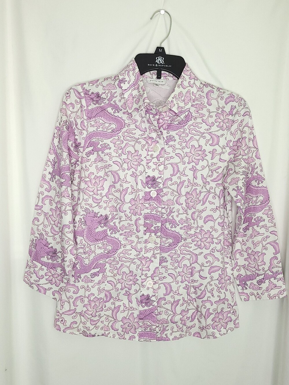 PATTY KIM Women's White & Purple Dragon Print Button Down Shirt XS